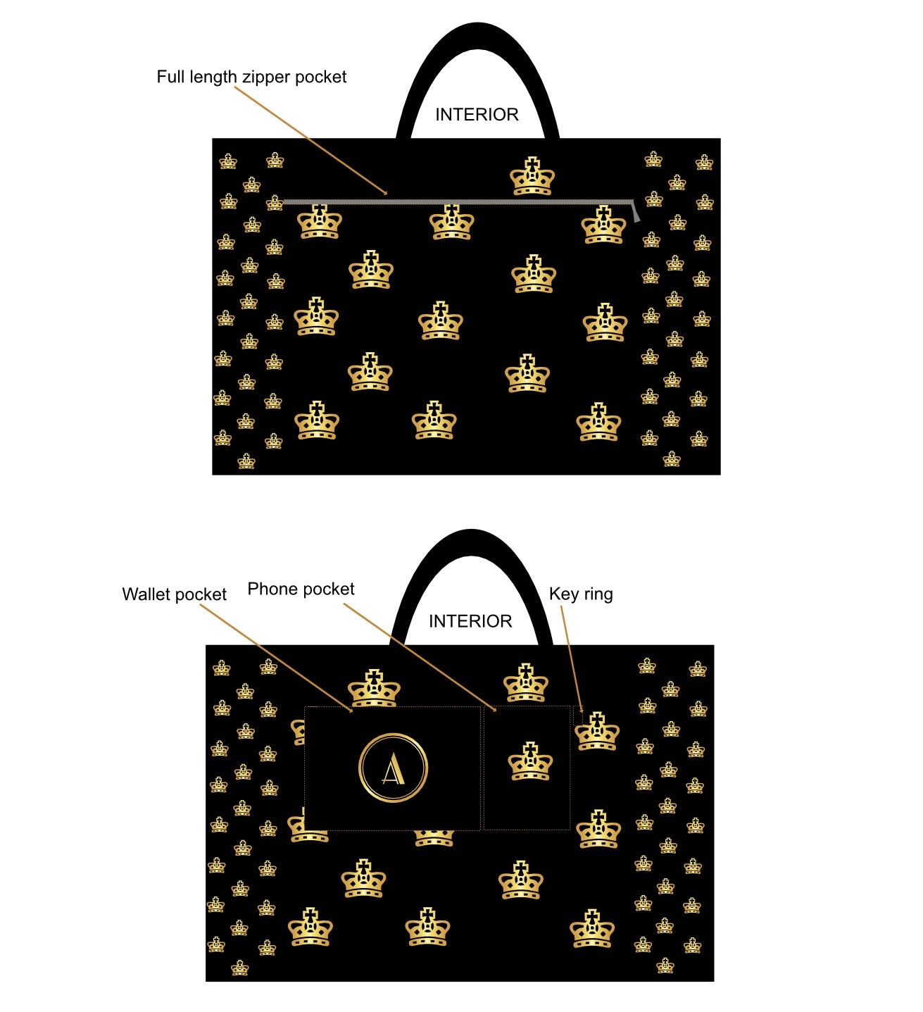 Waterproof Black beach bag with Vintage design Crown